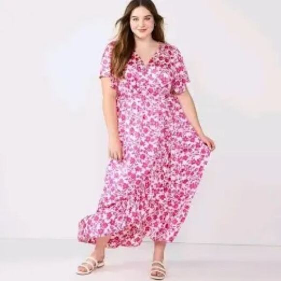 Draper James Dresses & Skirts - Draper James Pink and White Ruffled Maxi Faux Wrap Dress Size XL II0662